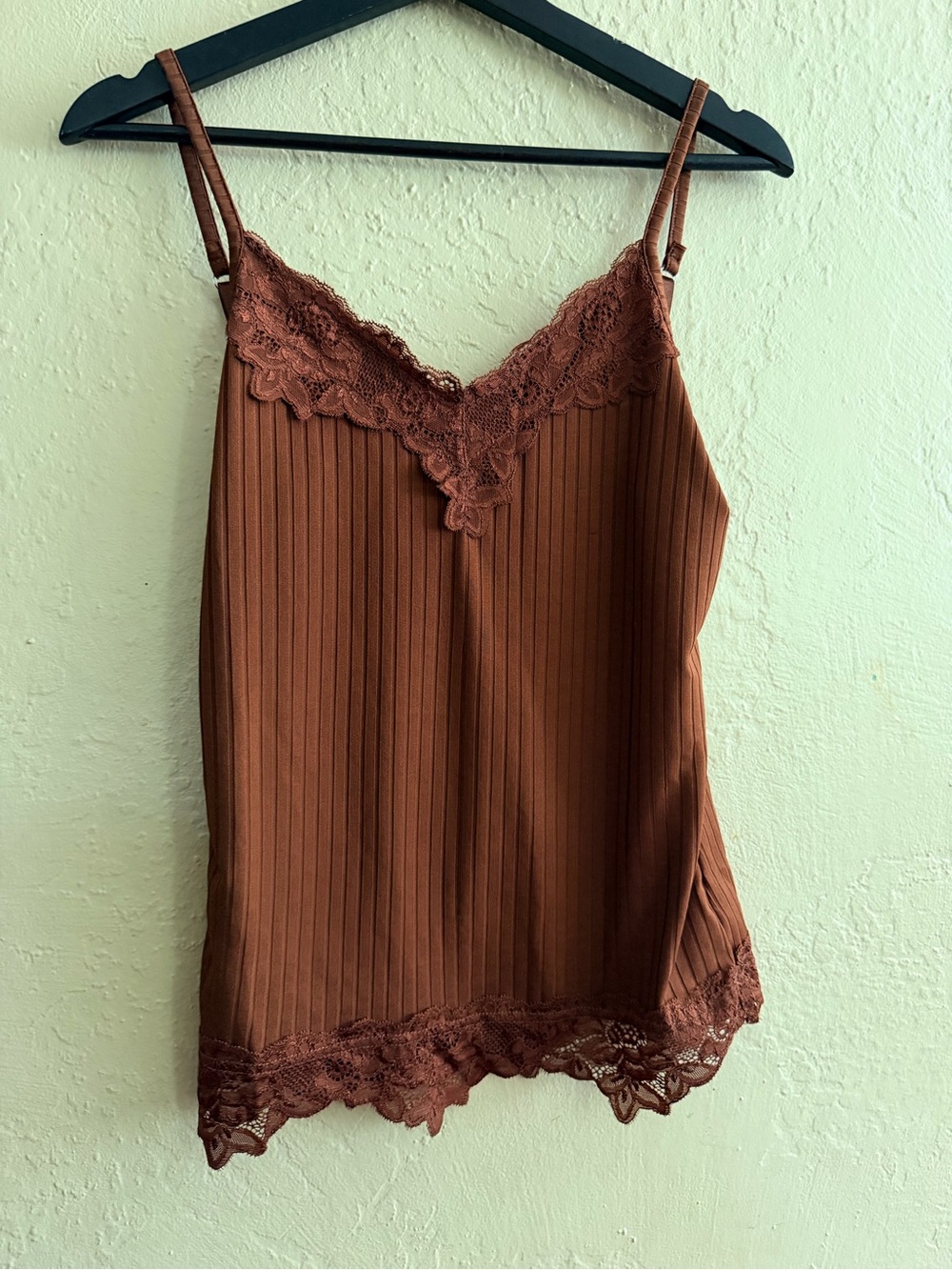 Ribbed Lace-Trim Cami Tank Top - Brown